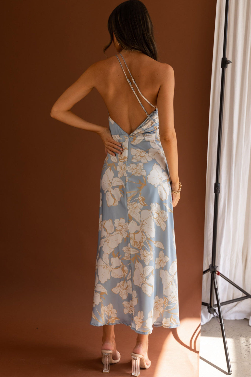 Casa Del Mar One-Shoulder Ruched Midi Dress Floral Blue by Selfie Leslie
