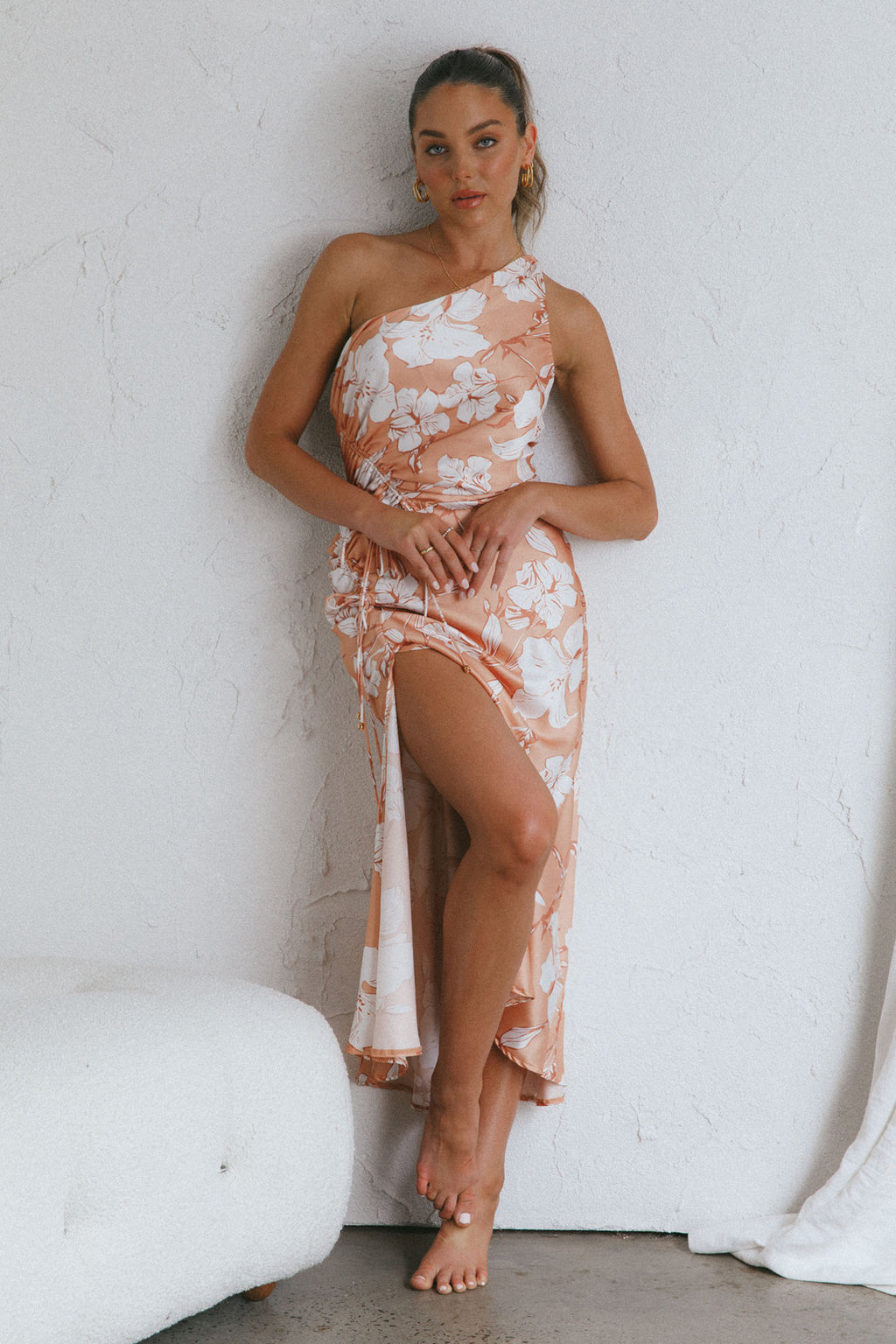 Casa Del Mar One-Shoulder Ruched Midi Dress Floral Blush by Selfie Leslie Australia