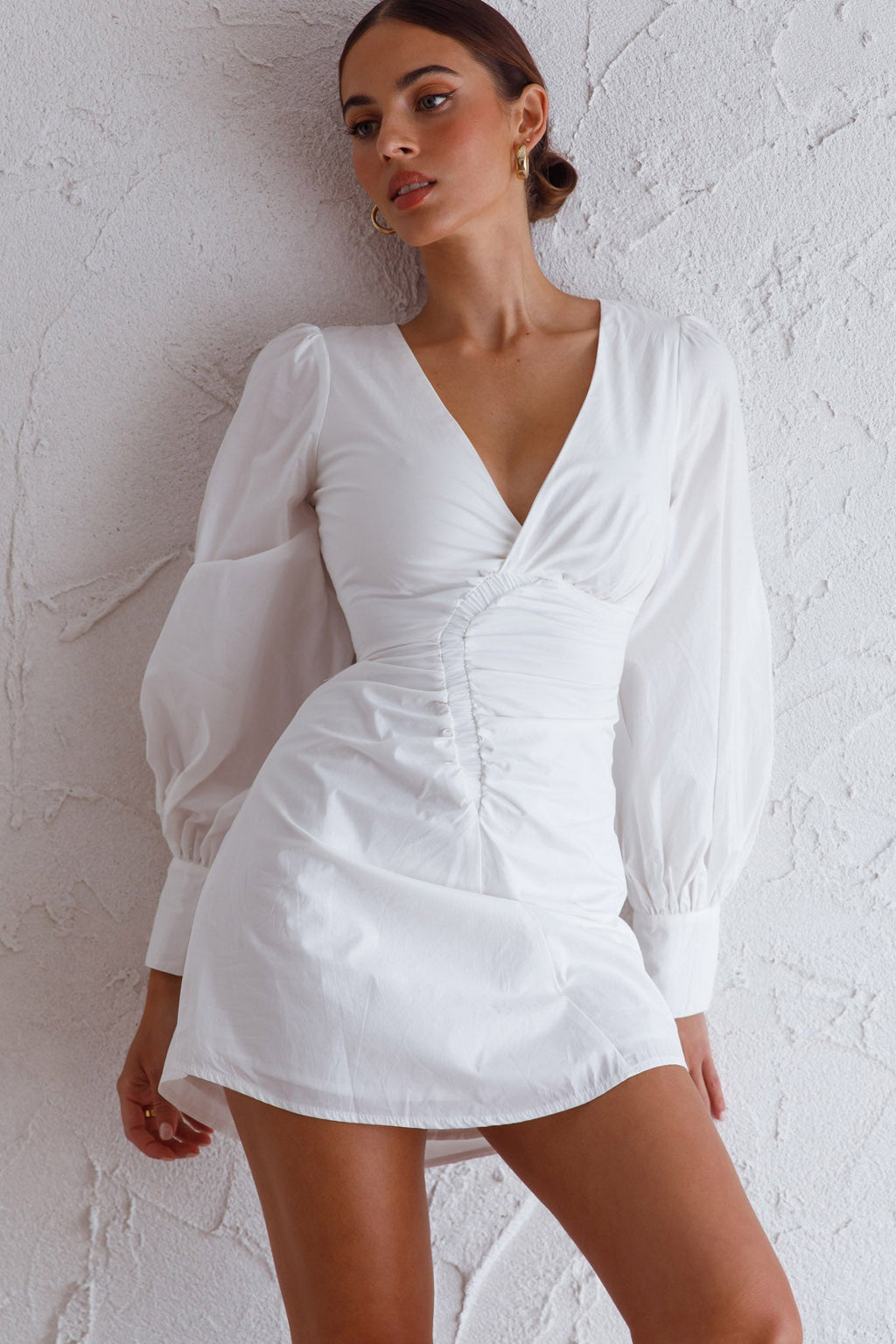 Josie Long Sleeved Ruched Feature Mini Dress White by Selfie Leslie