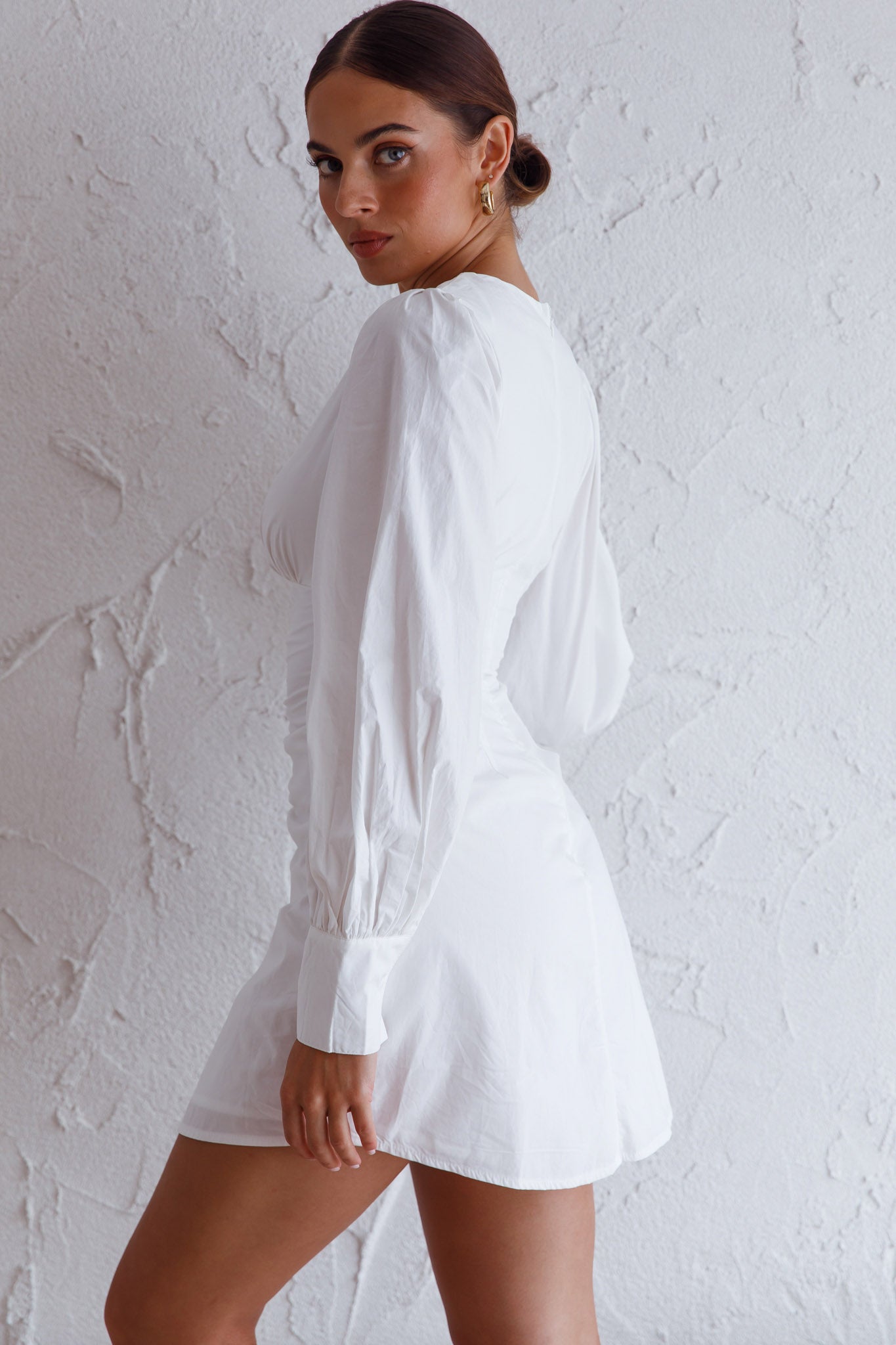 Josie Long Sleeved Ruched Feature Mini Dress White by Selfie Leslie
