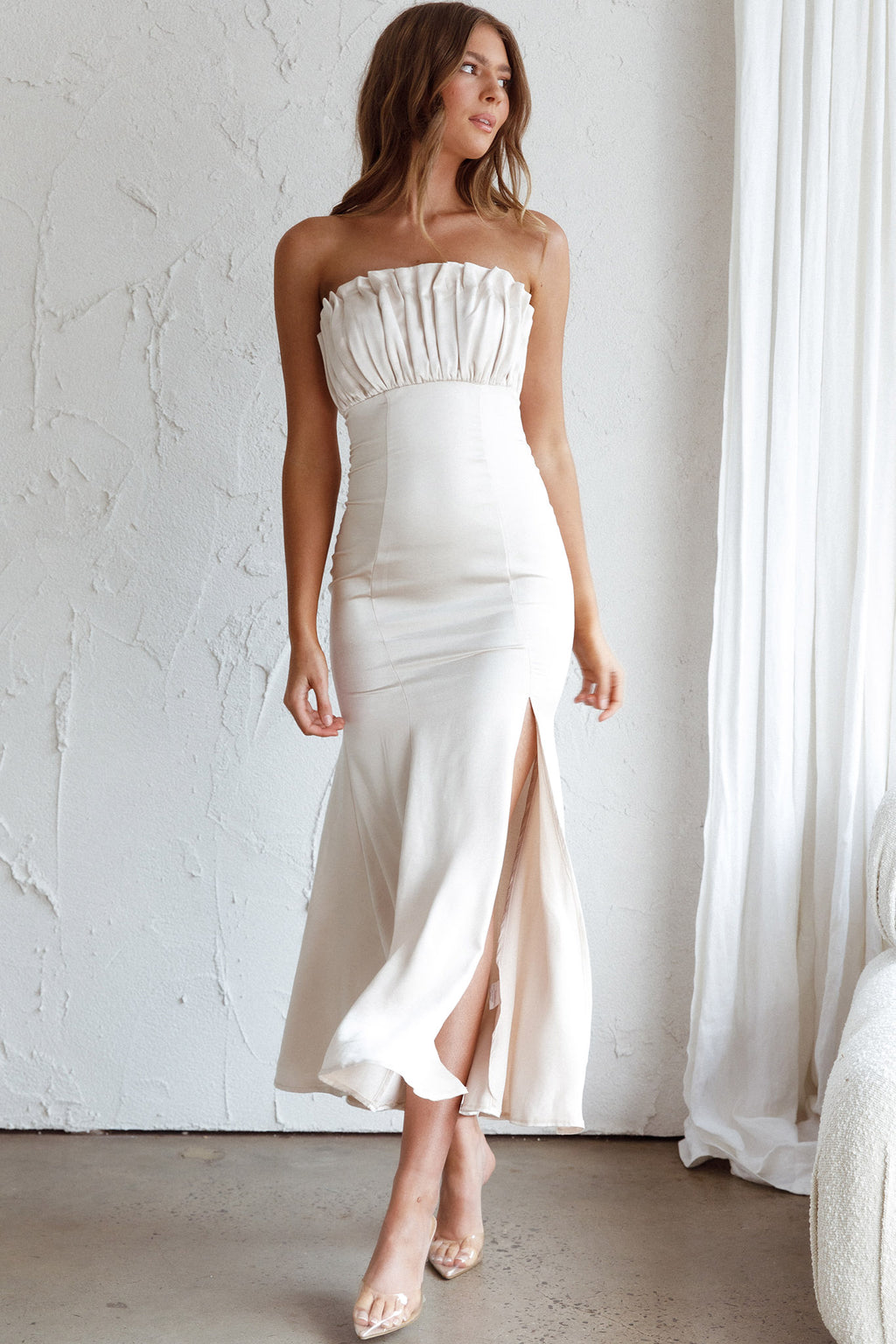Tivoli Strapless Gathered Bust Midi Dress Champagne by Selfie Leslie Australia