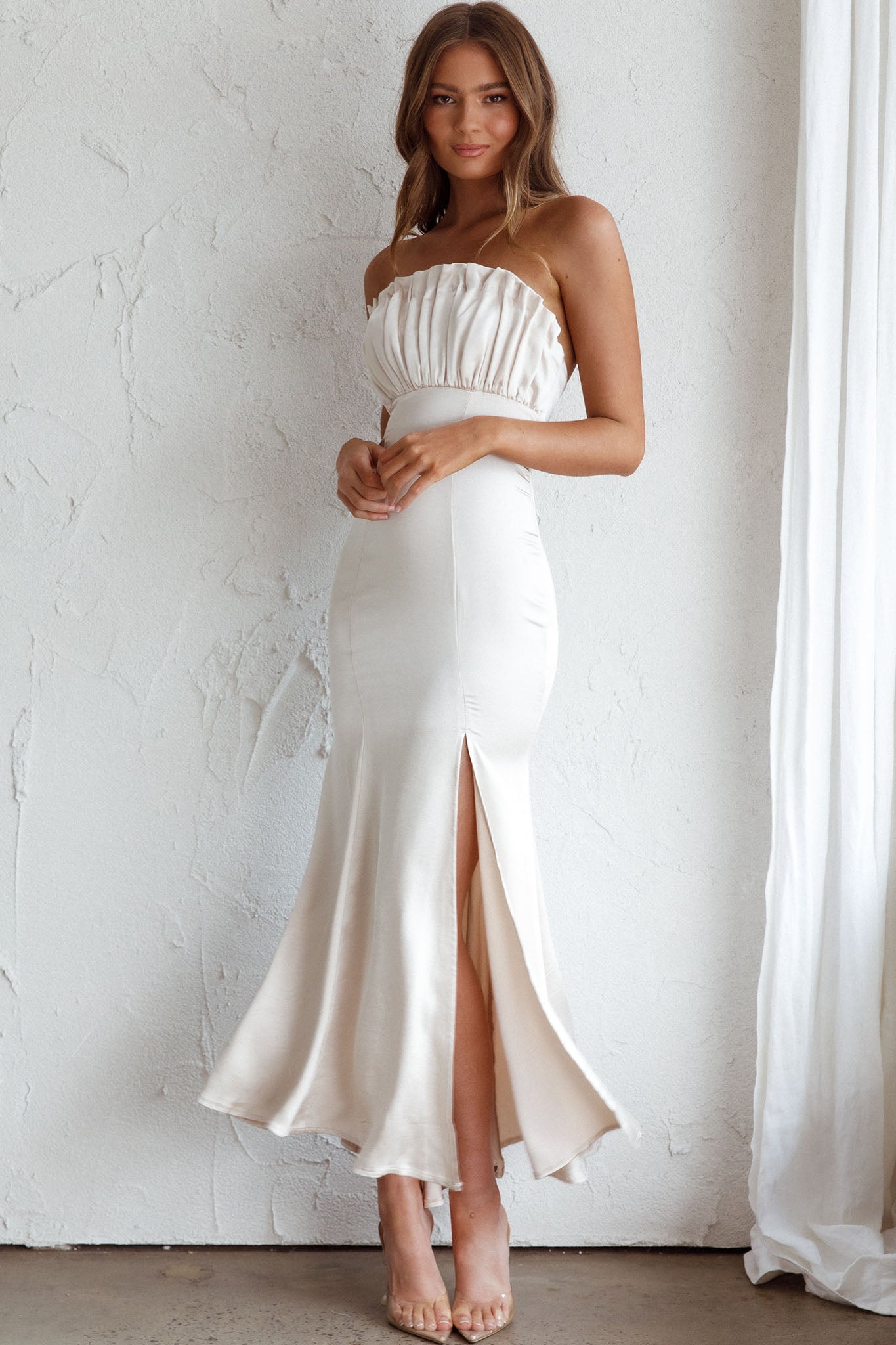 Tivoli Strapless Gathered Bust Midi Dress Champagne by Selfie Leslie Australia