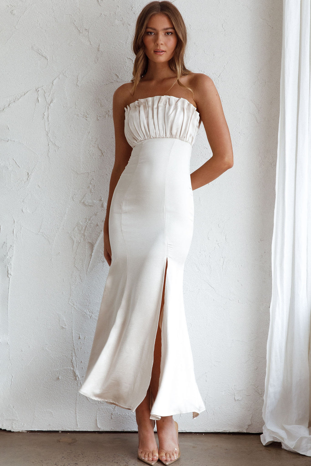 Tivoli Strapless Gathered Bust Midi Dress Champagne by Selfie Leslie Australia