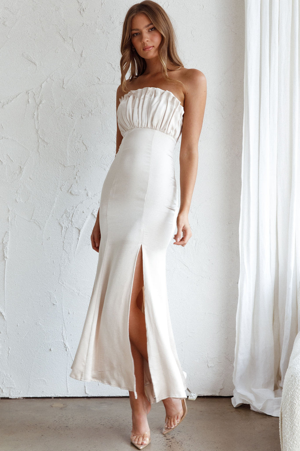 Tivoli Strapless Gathered Bust Midi Dress Champagne by Selfie Leslie Australia