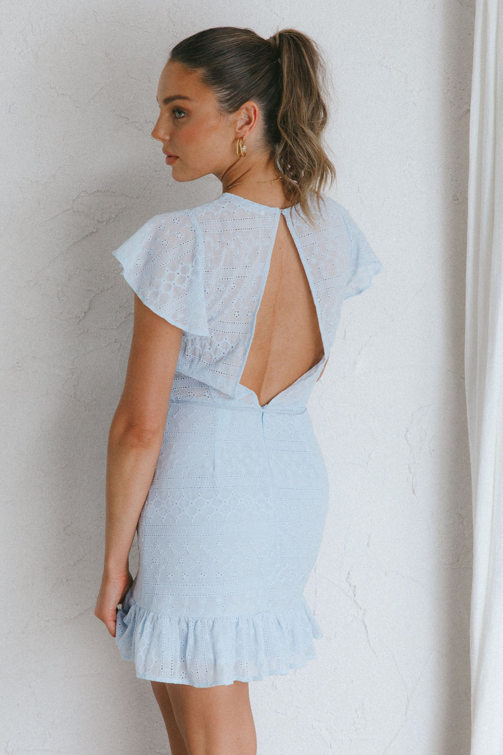 Moving On Flutter Sleeve String Tie Waist Eyelet Mini Dress Steel Blue by Selfie Leslie