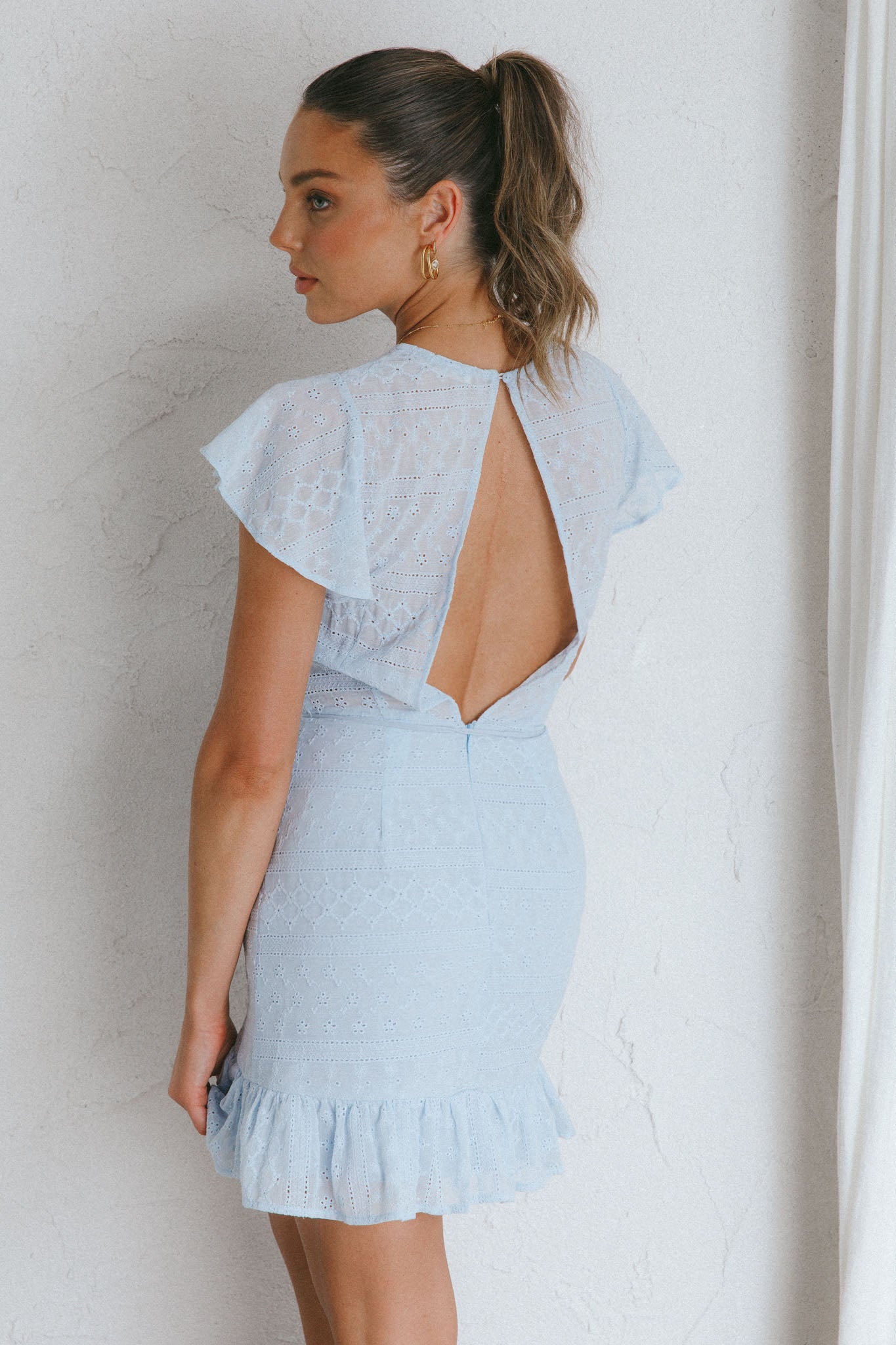 Moving On Flutter Sleeve String Tie Waist Eyelet Mini Dress Steel Blue by Selfie Leslie