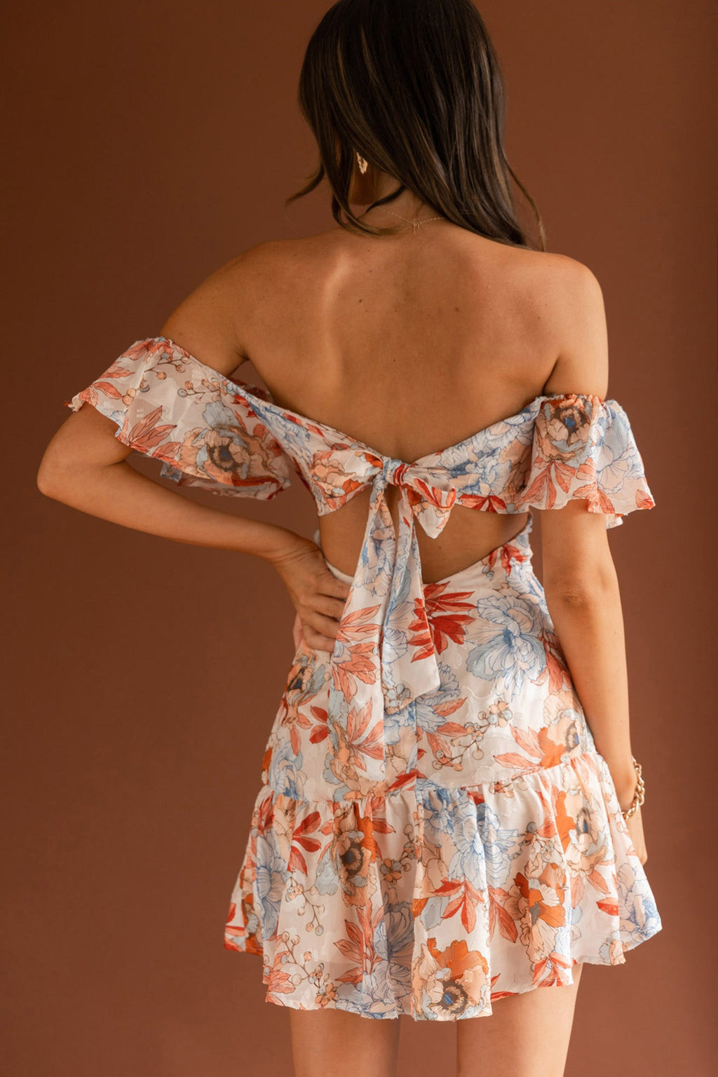 Park Avenue Flutter Sleeve Mini Dress Floral Peach by Selfie Leslie