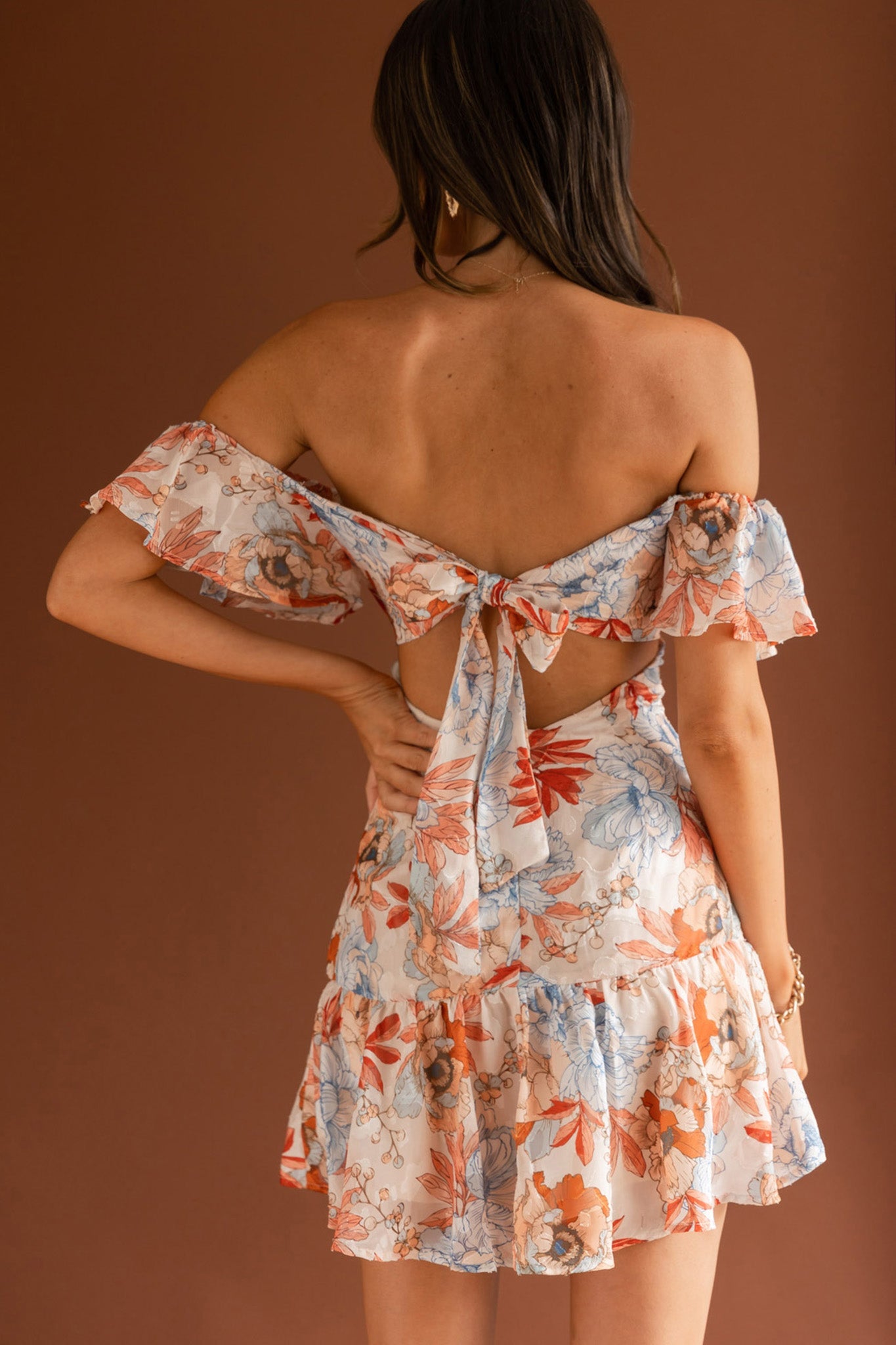Park Avenue Flutter Sleeve Mini Dress Floral Peach by Selfie Leslie