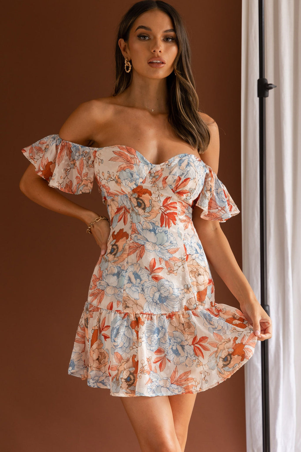 Park Avenue Flutter Sleeve Mini Dress Floral Peach by Selfie Leslie