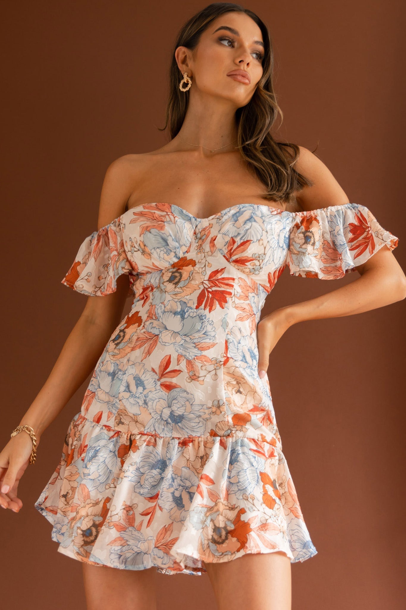 Park Avenue Flutter Sleeve Mini Dress Floral Peach by Selfie Leslie