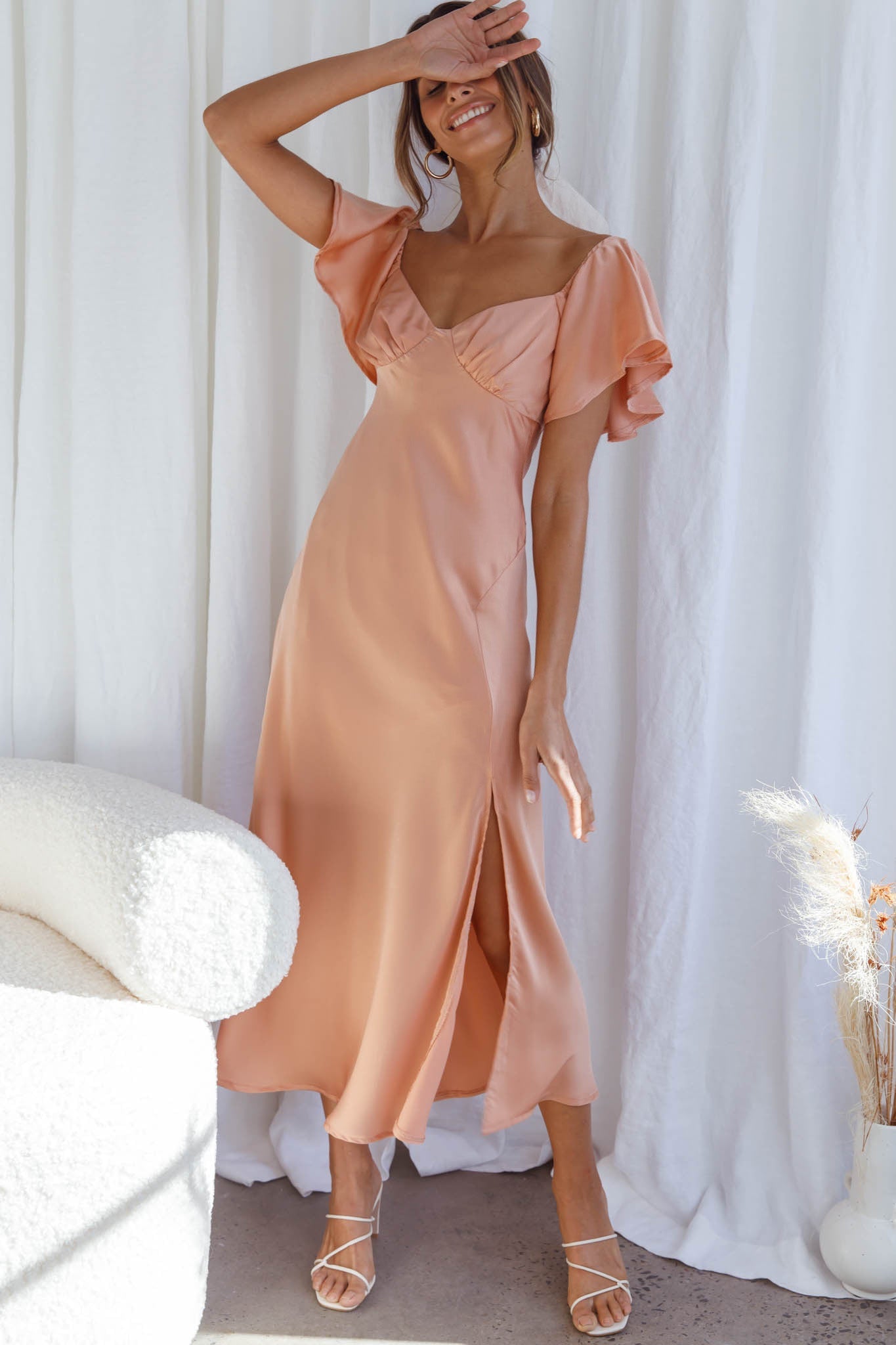 Park Avenue Flutter Sleeve Side Split Midi Dress Apricot | Selfie