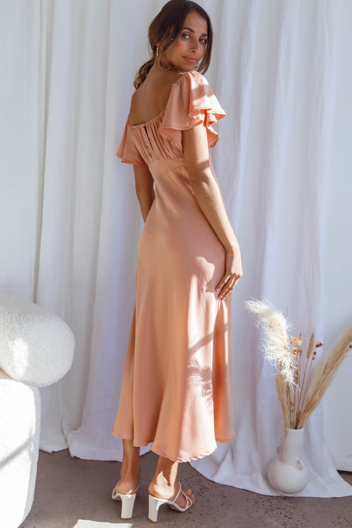 Park Avenue Flutter Sleeve Side Split Midi Dress Apricot by Selfie Leslie