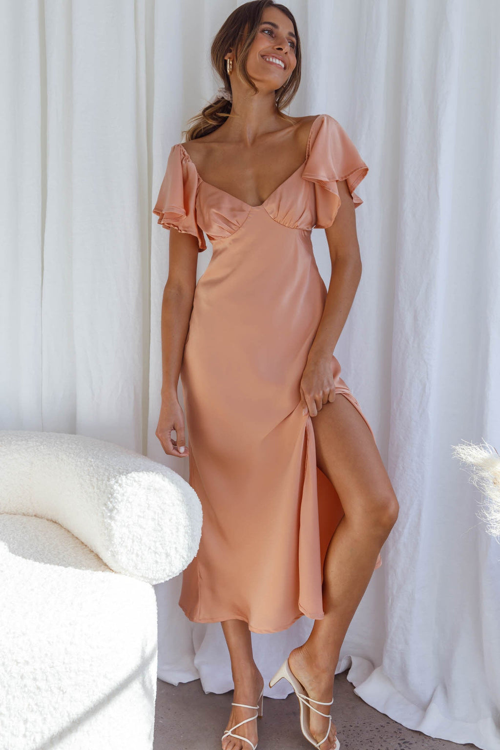 Park Avenue Flutter Sleeve Side Split Midi Dress Apricot by Selfie Leslie