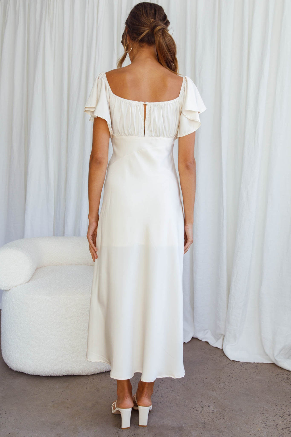 Park Avenue Flutter Sleeve Side Split Midi Dress Ivory by Selfie Leslie