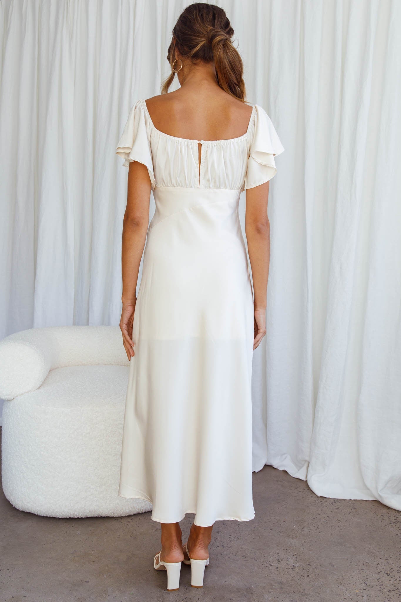 Park Avenue Flutter Sleeve Side Split Midi Dress Ivory by Selfie Leslie