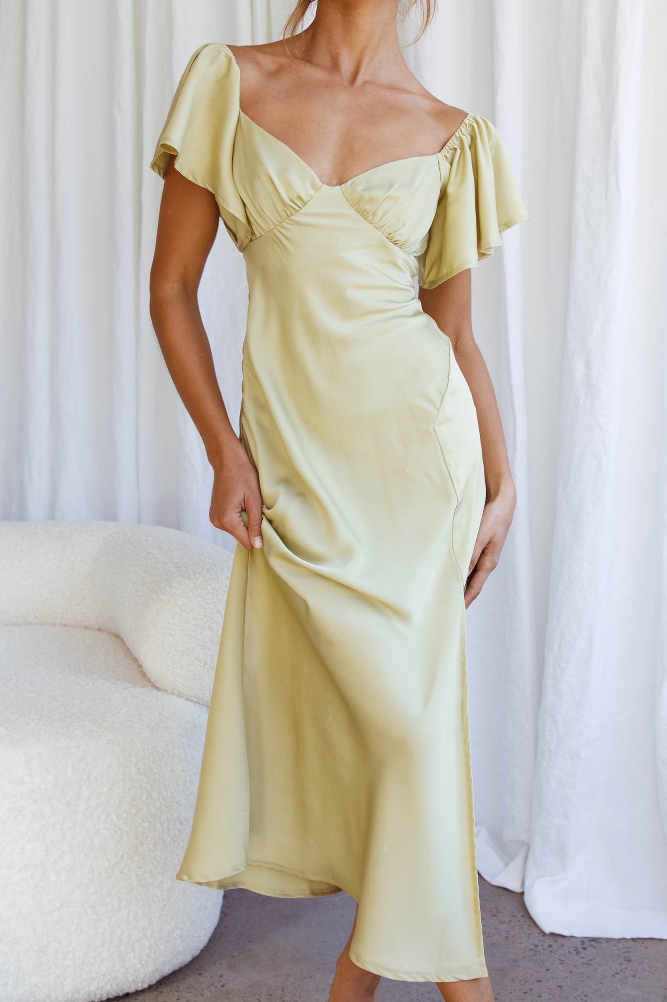 Park Avenue Flutter Sleeve Side Split Midi Dress Matcha by Selfie Leslie