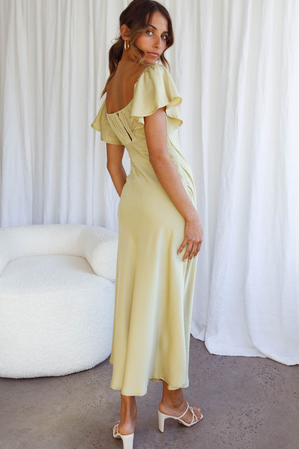 Park Avenue Flutter Sleeve Side Split Midi Dress Matcha by Selfie Leslie