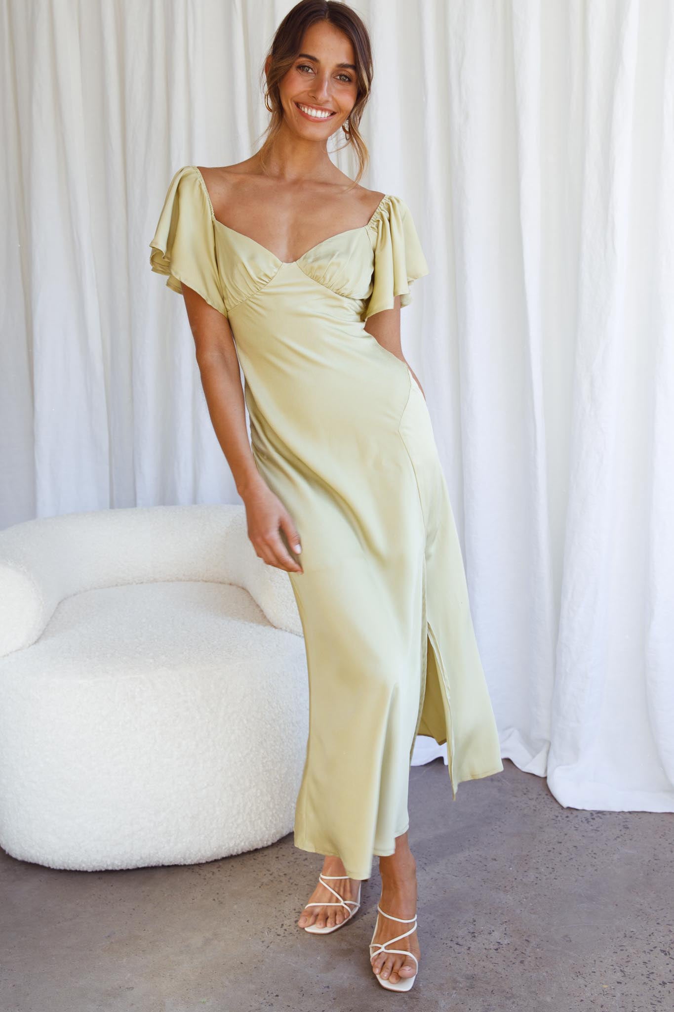 Park Avenue Flutter Sleeve Side Split Midi Dress Matcha by Selfie Leslie