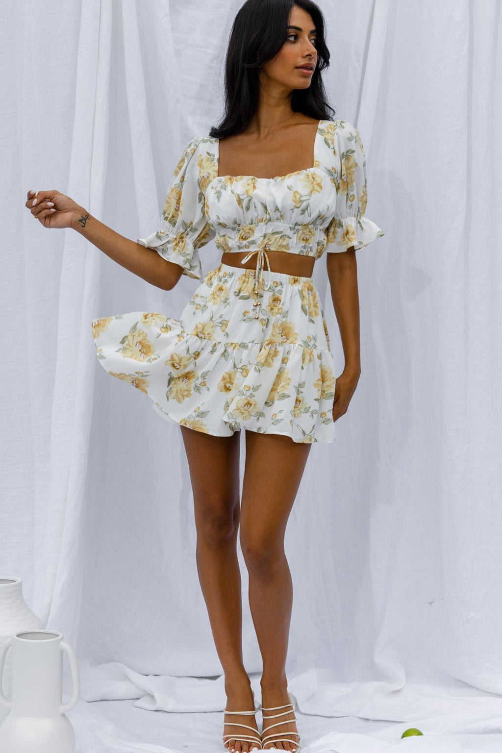Lilibet Flounce Mini Skirt Floral White by Selfie Leslie