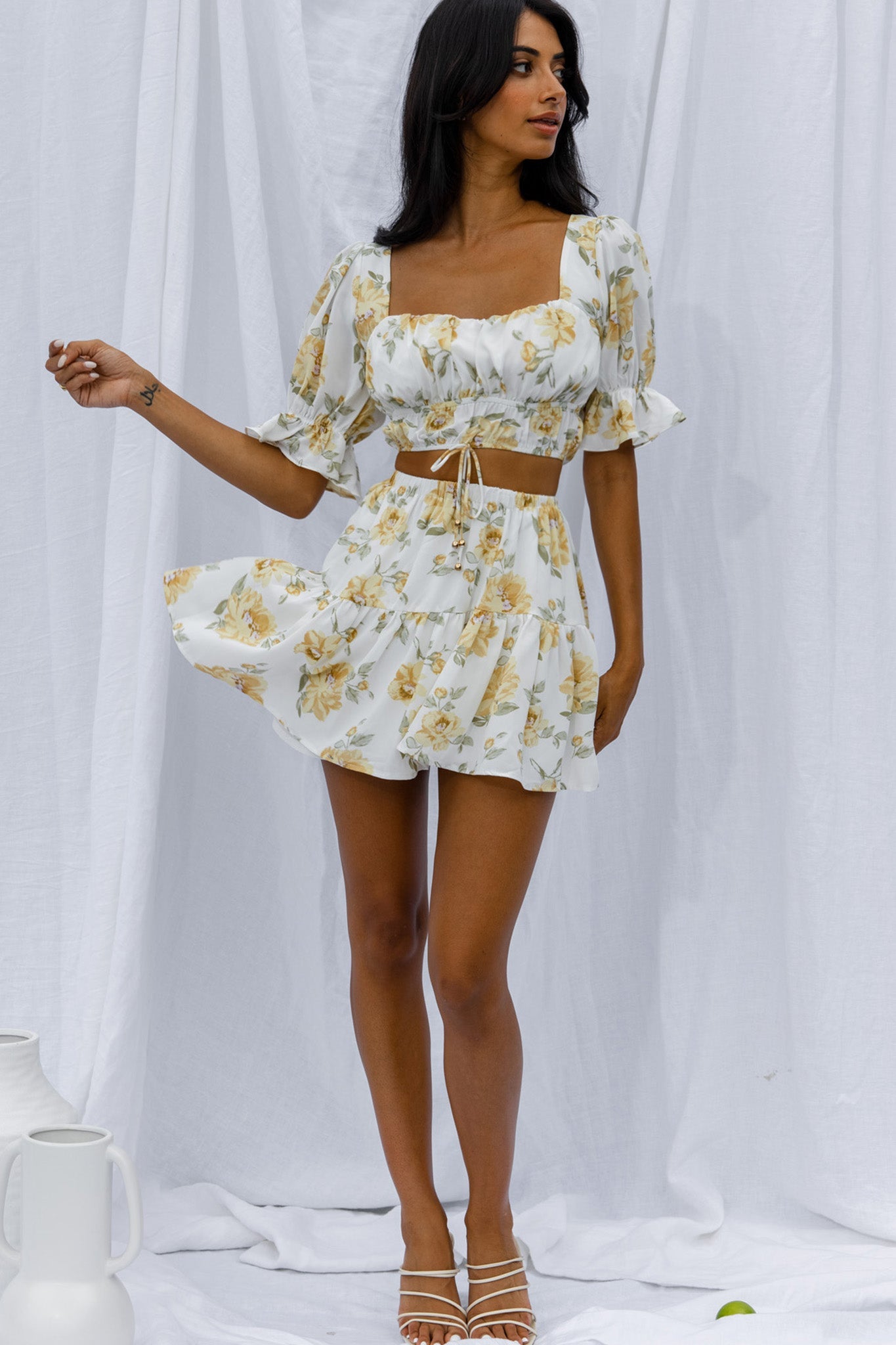 Lilibet Flounce Mini Skirt Floral White by Selfie Leslie
