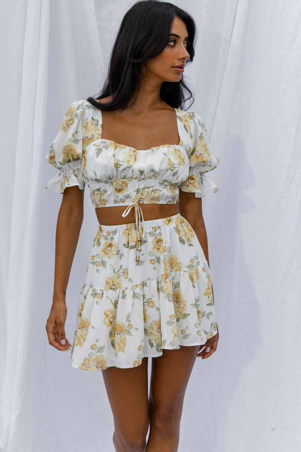 Lilibet Puff Sleeve Drawstring Crop Top Floral White by Selfie Leslie