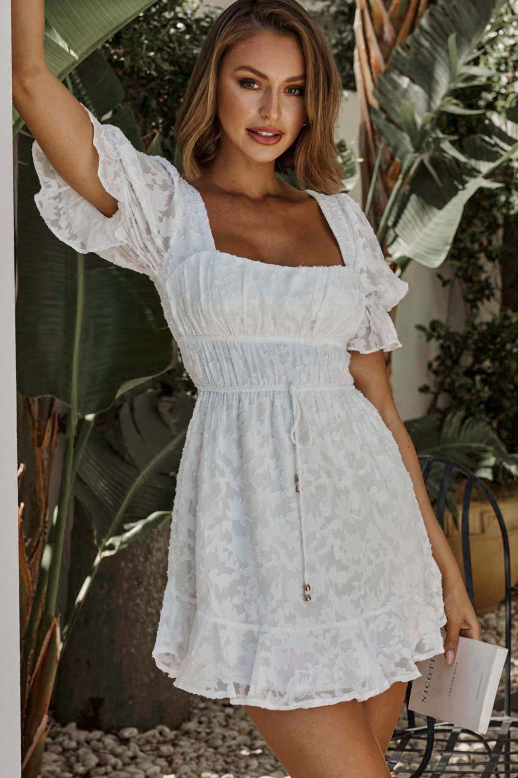 Lilibet Puff Sleeve Elasticated Waist Textured Dress White by Selfie Leslie