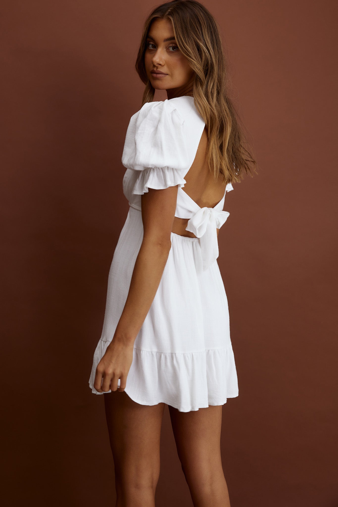 Nylah Puff Sleeve Tied Dress White by Selfie Leslie