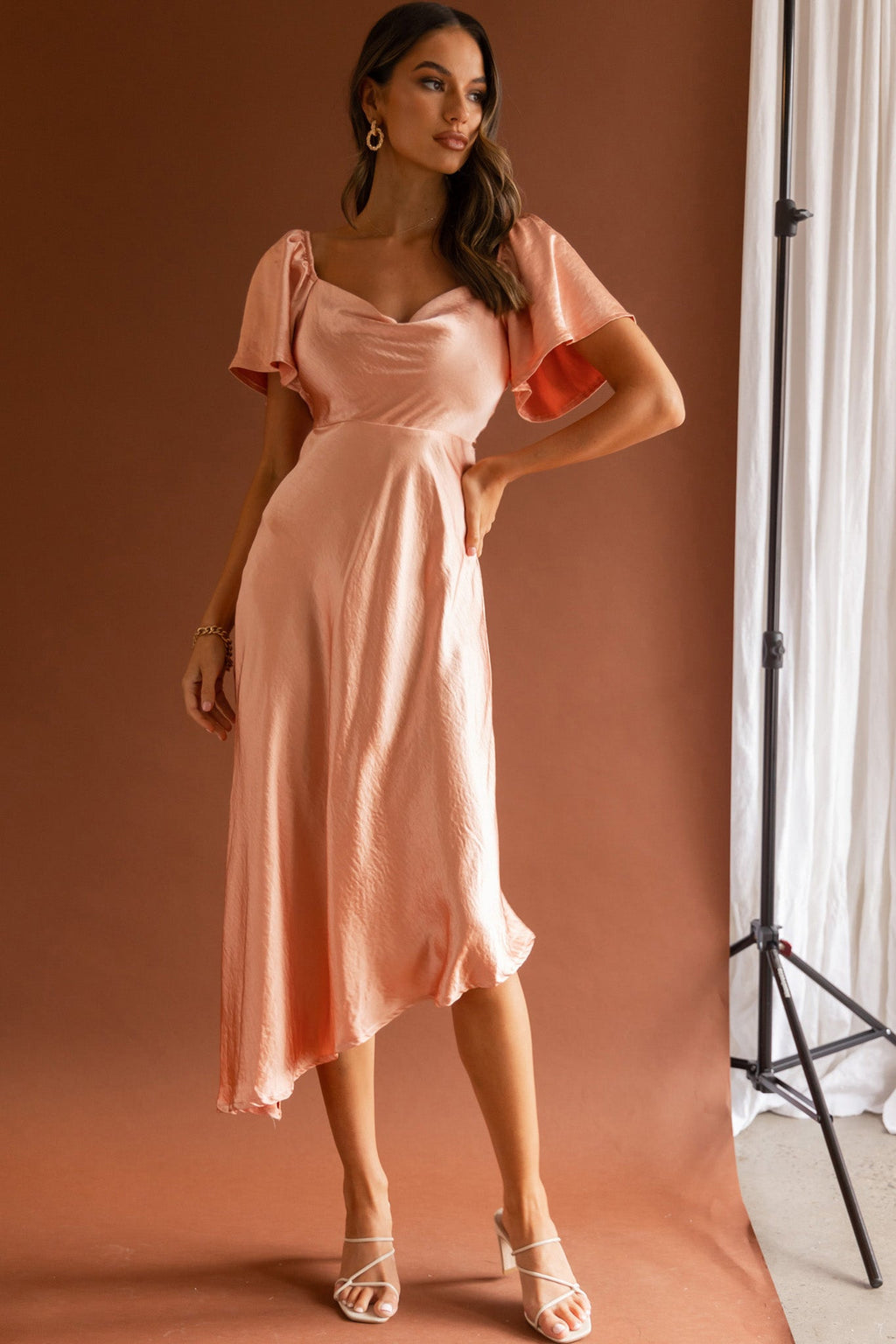 Grayson Tied Back Asymmetrical Midi Dress Peach by Selfie Leslie