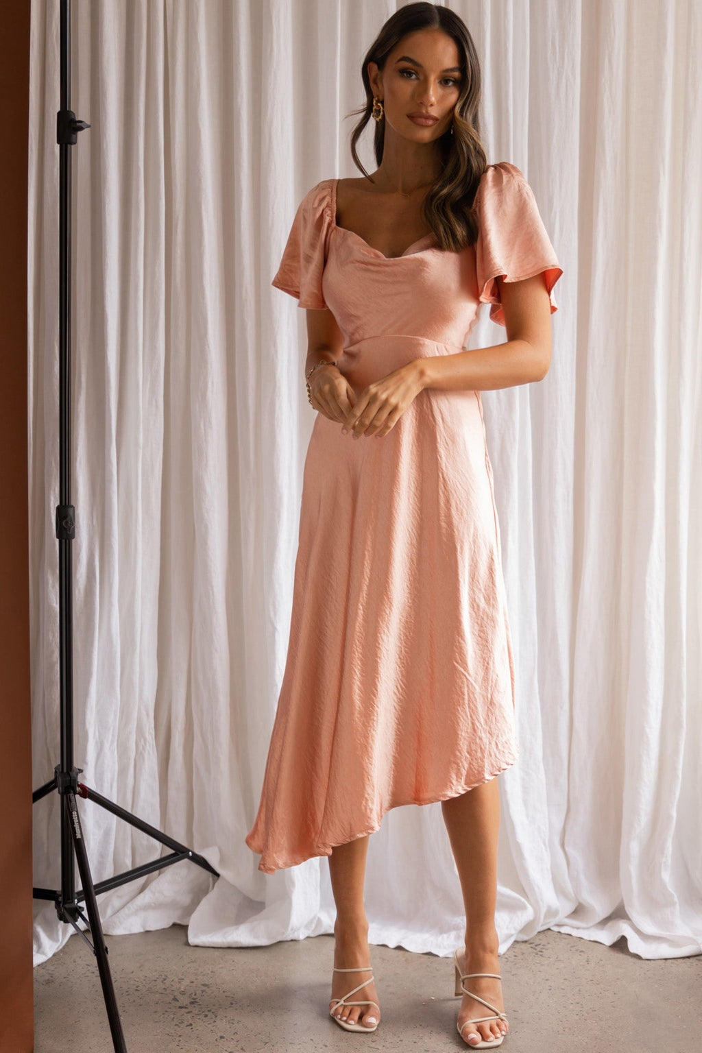 Grayson Tied Back Asymmetrical Midi Dress Peach by Selfie Leslie