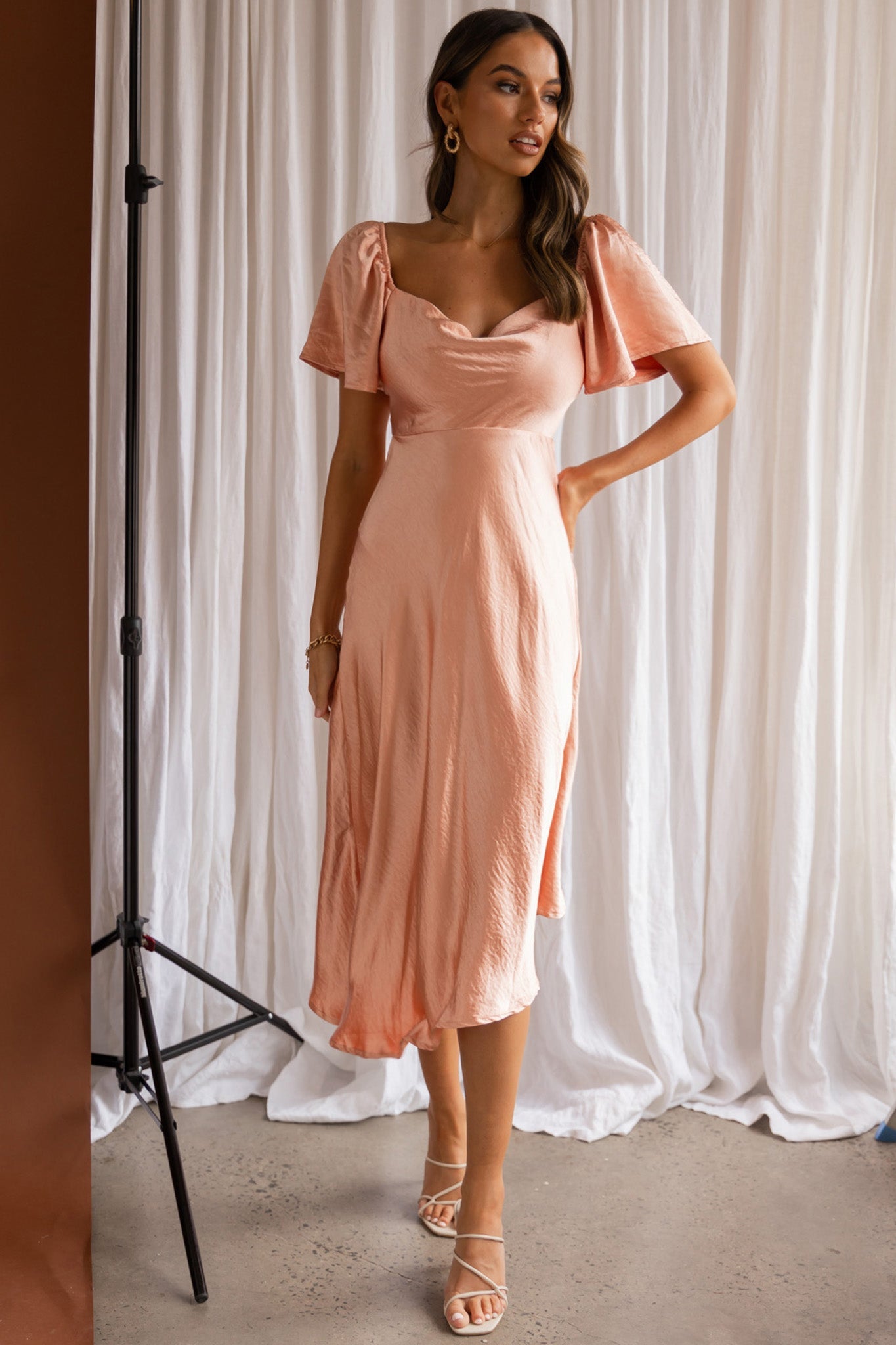 Grayson Tied Back Asymmetrical Midi Dress Peach by Selfie Leslie