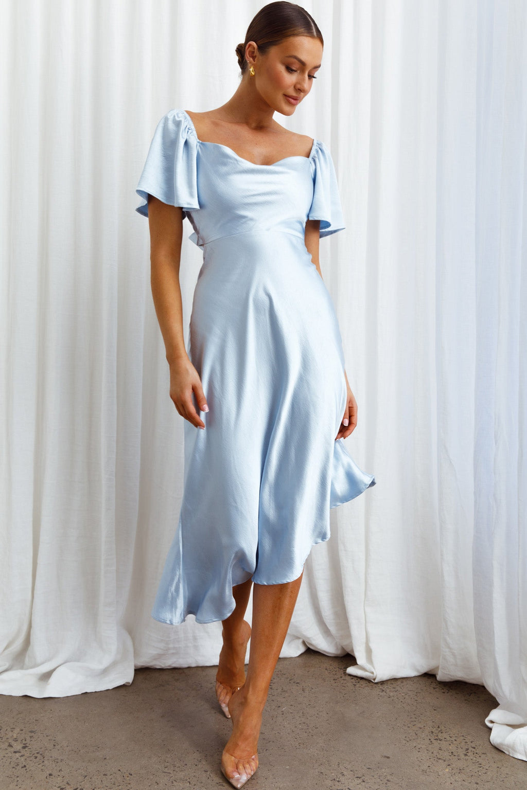 Grayson Tied Back Asymmetrical Midi Dress Steel Blue by Selfie Leslie