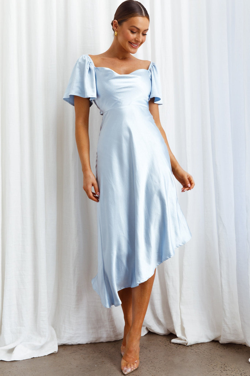 Grayson Tied Back Asymmetrical Midi Dress Steel Blue by Selfie Leslie