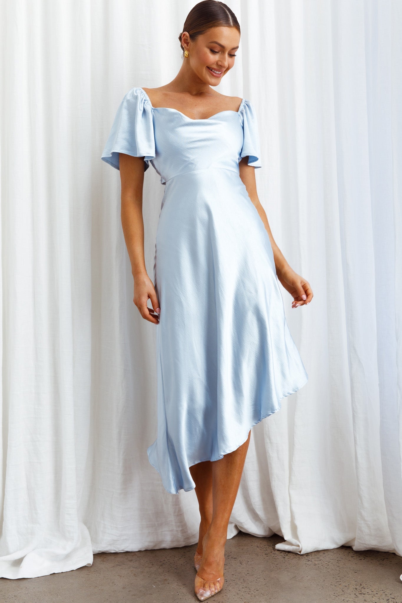 Grayson Tied Back Asymmetrical Midi Dress Steel Blue by Selfie Leslie