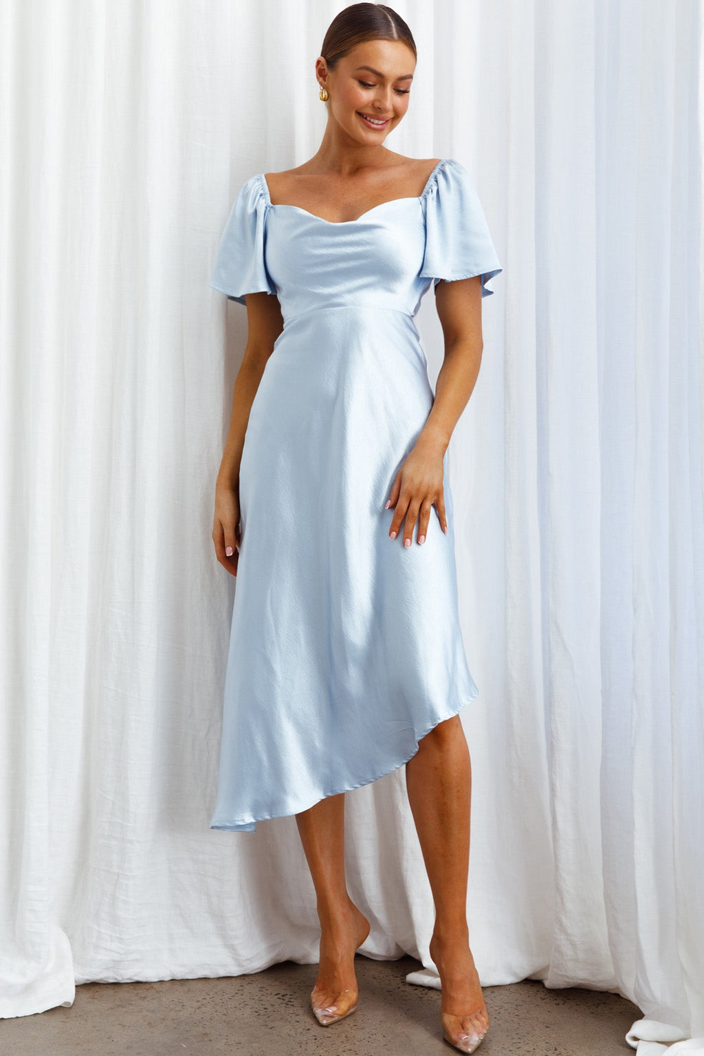 Grayson Tied Back Asymmetrical Midi Dress Steel Blue by Selfie Leslie