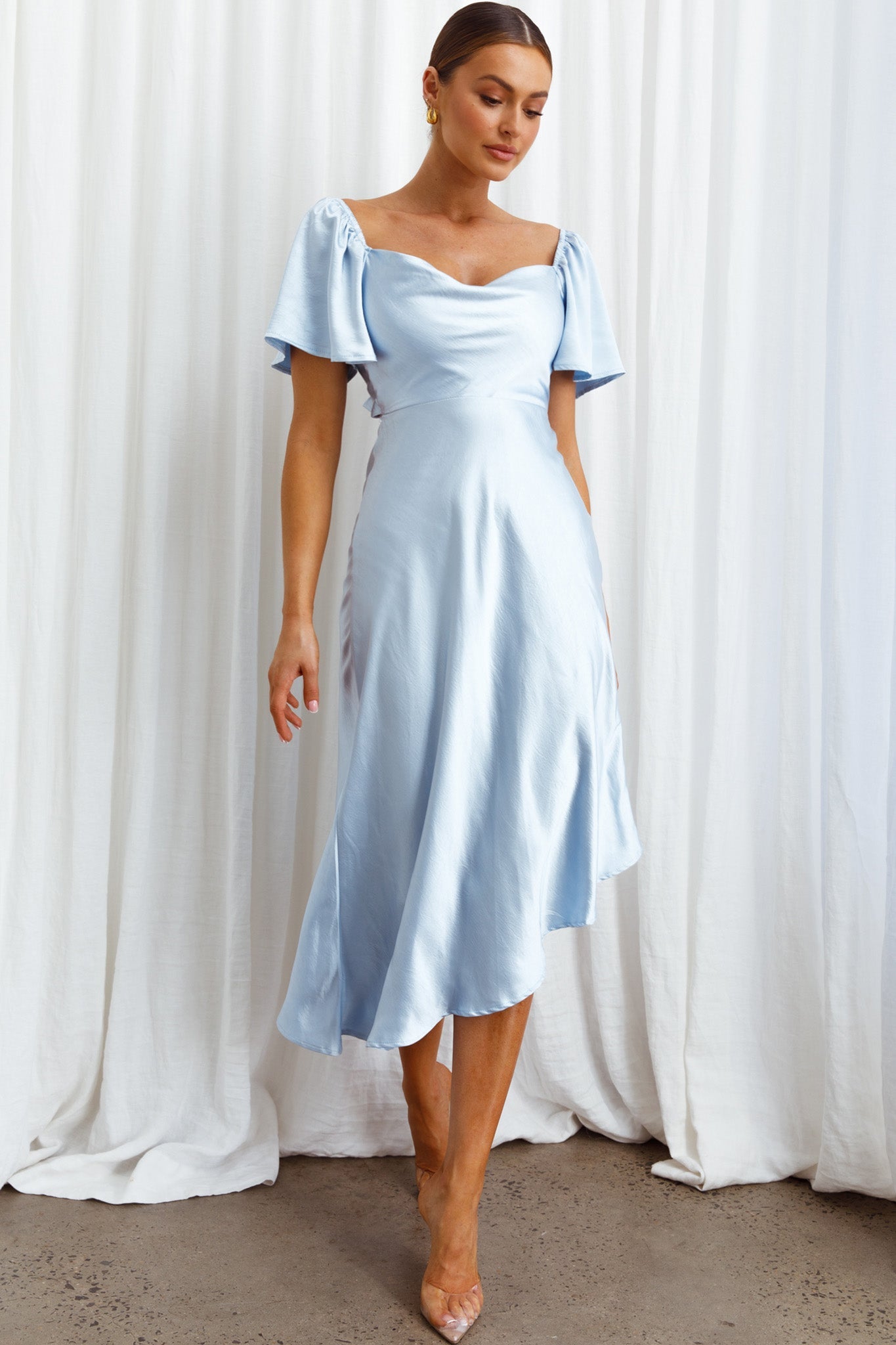 Grayson Tied Back Asymmetrical Midi Dress Steel Blue by Selfie Leslie