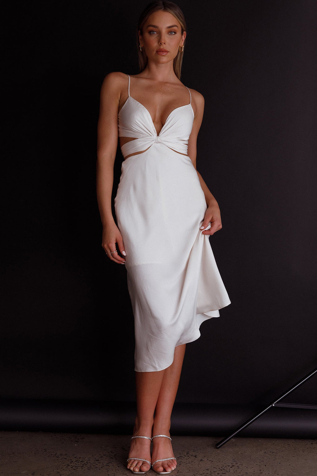 Dance With Me Crossover Bust Midi Dress Ivory by Selfie Leslie