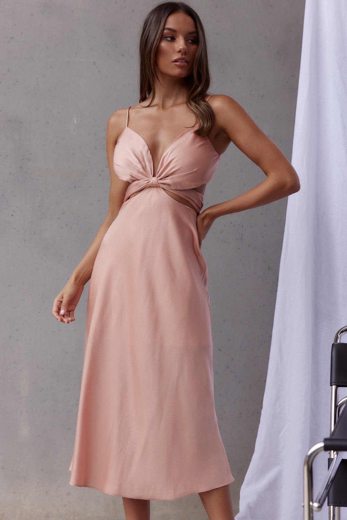 Dance With Me Crossover Bust Midi Dress Peach by Selfie Leslie