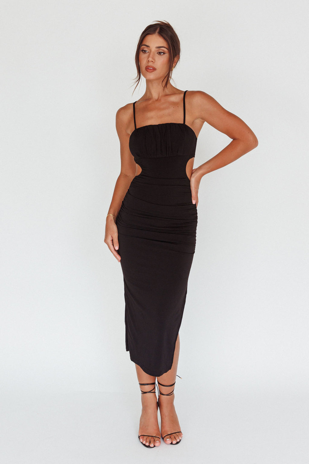 Mary Jane Gathered Bust Tie Back Midi Dress Black by Selfie Leslie Australia