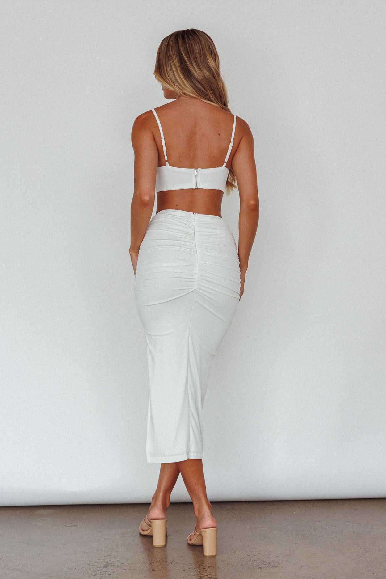 Mary Jane Gathered Bust Tie Back Midi Dress White by Selfie Leslie Australia