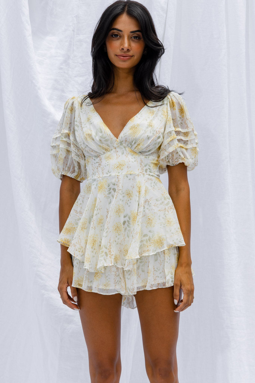 Sun Drops Puff Sleeve Keyhole Back Romper Floral Print Mint by Selfie Leslie