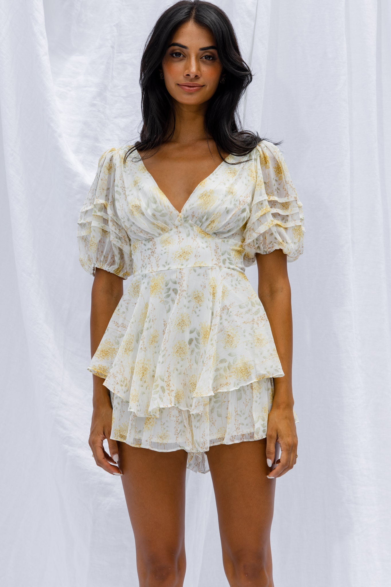 Sun Drops Puff Sleeve Keyhole Back Romper Floral Print Mint by Selfie Leslie