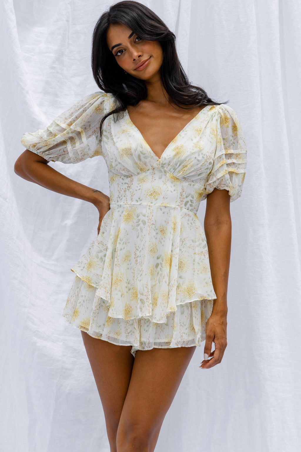Sun Drops Puff Sleeve Keyhole Back Romper Floral Print Mint by Selfie Leslie
