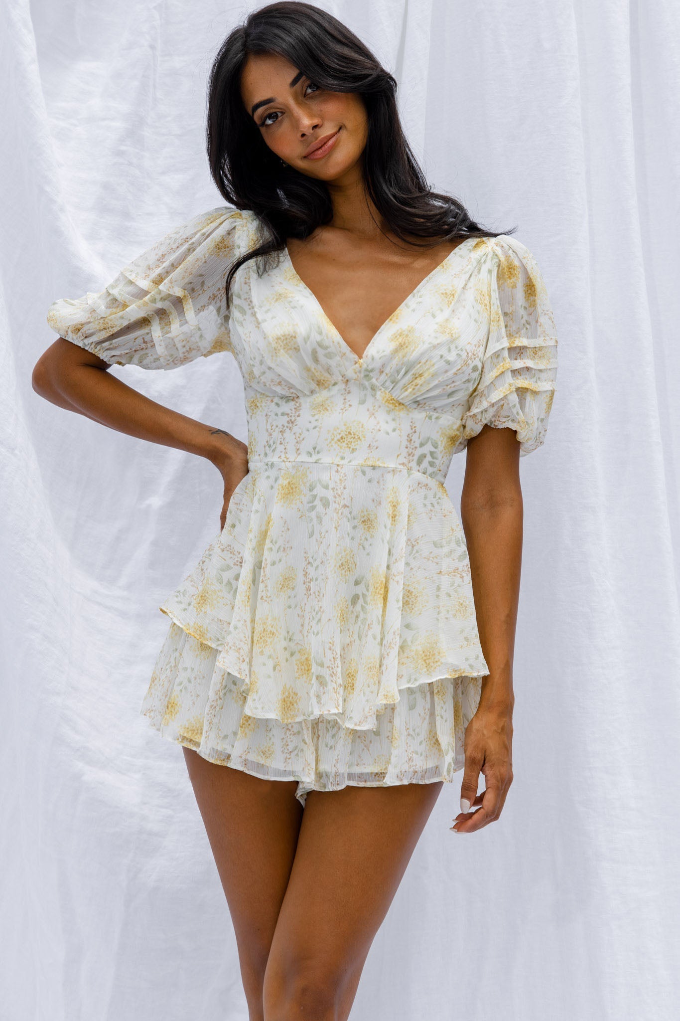 Sun Drops Puff Sleeve Keyhole Back Romper Floral Print Mint by Selfie Leslie