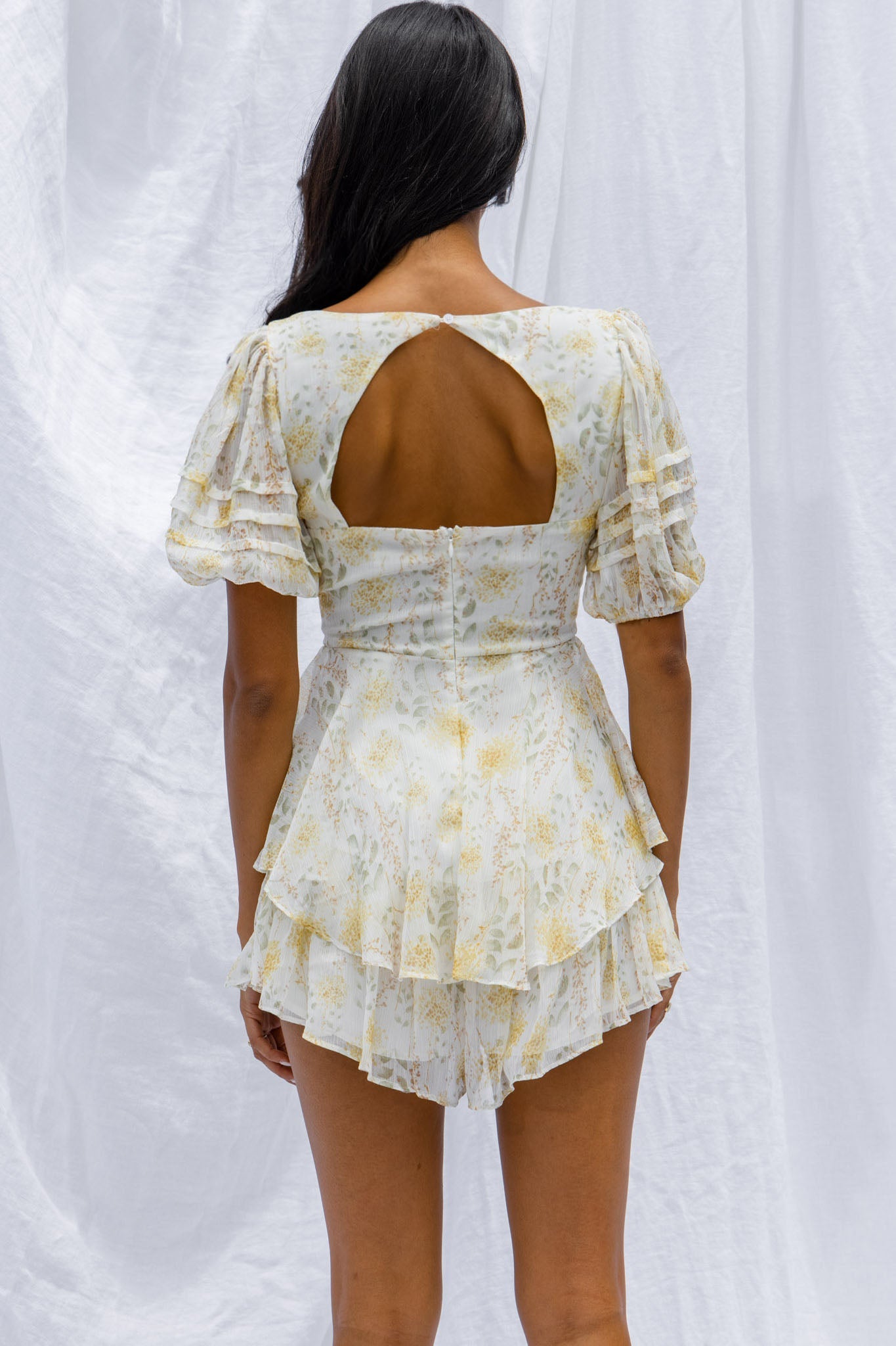 Sun Drops Puff Sleeve Keyhole Back Romper Floral Print Mint by Selfie Leslie