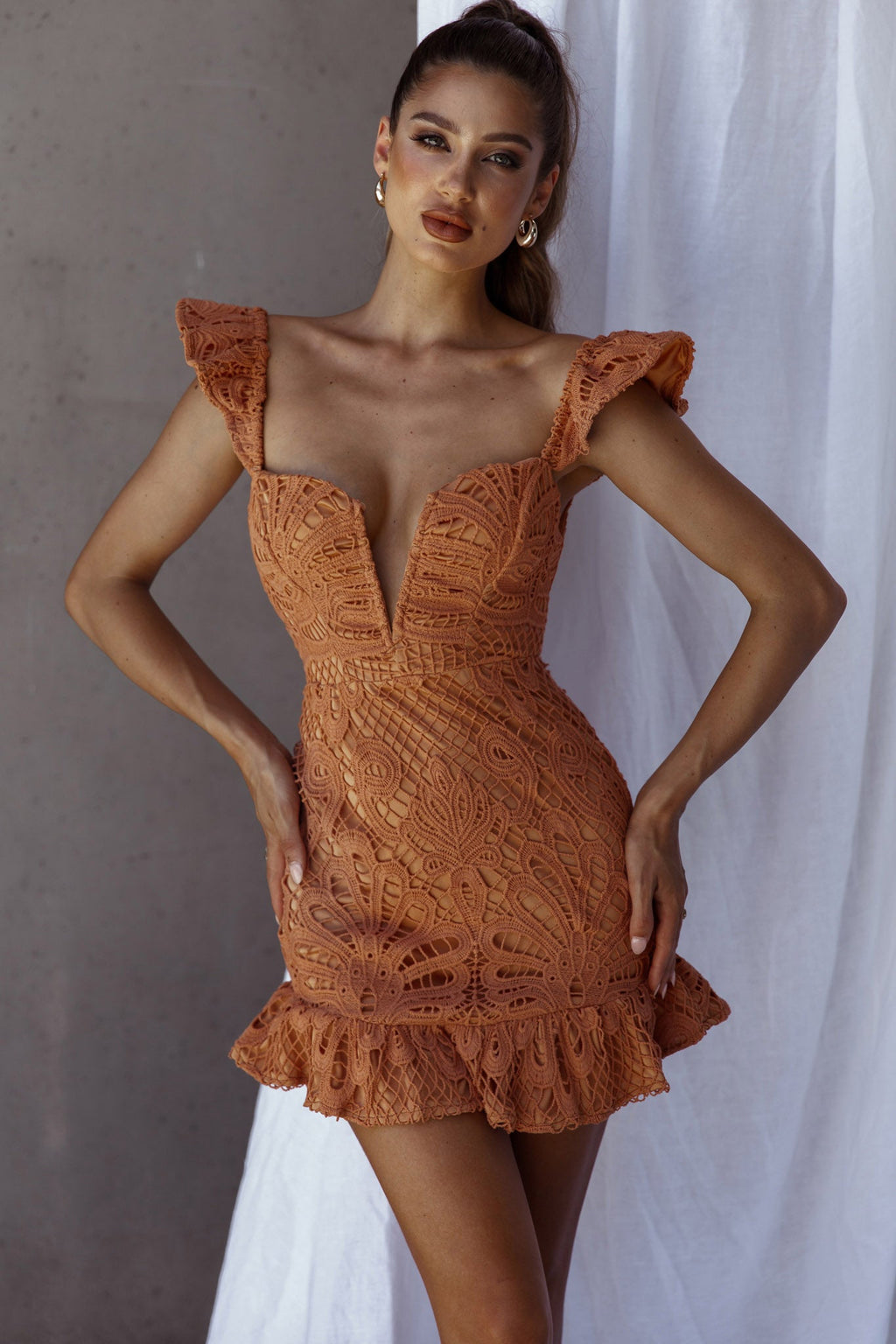 Mon Papillon Lace Mini Dress Apricot by Selfie Leslie