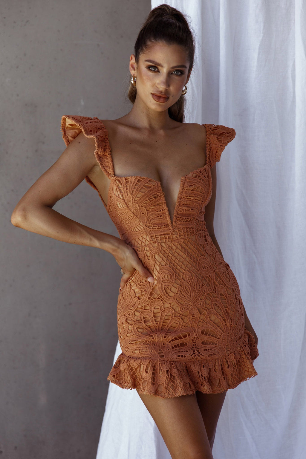 Mon Papillon Lace Mini Dress Apricot by Selfie Leslie