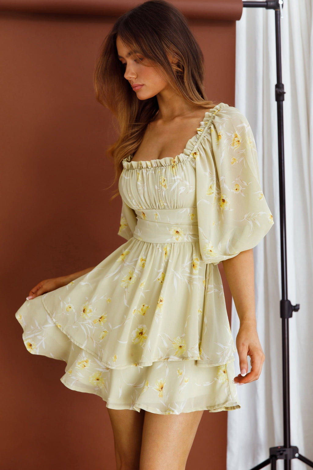 Forever Bloom Off-Shoulder Mini Dress Floral Lime by Selfie Leslie