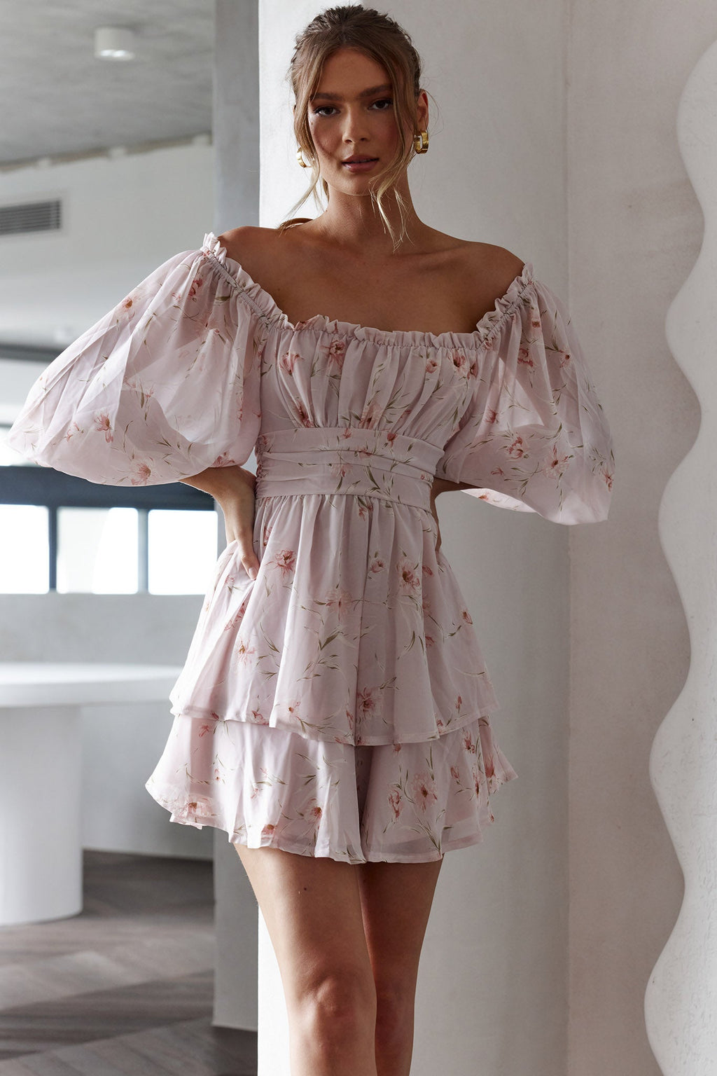 Forever Bloom Off-Shoulder Mini Dress Floral Pink by Selfie Leslie
