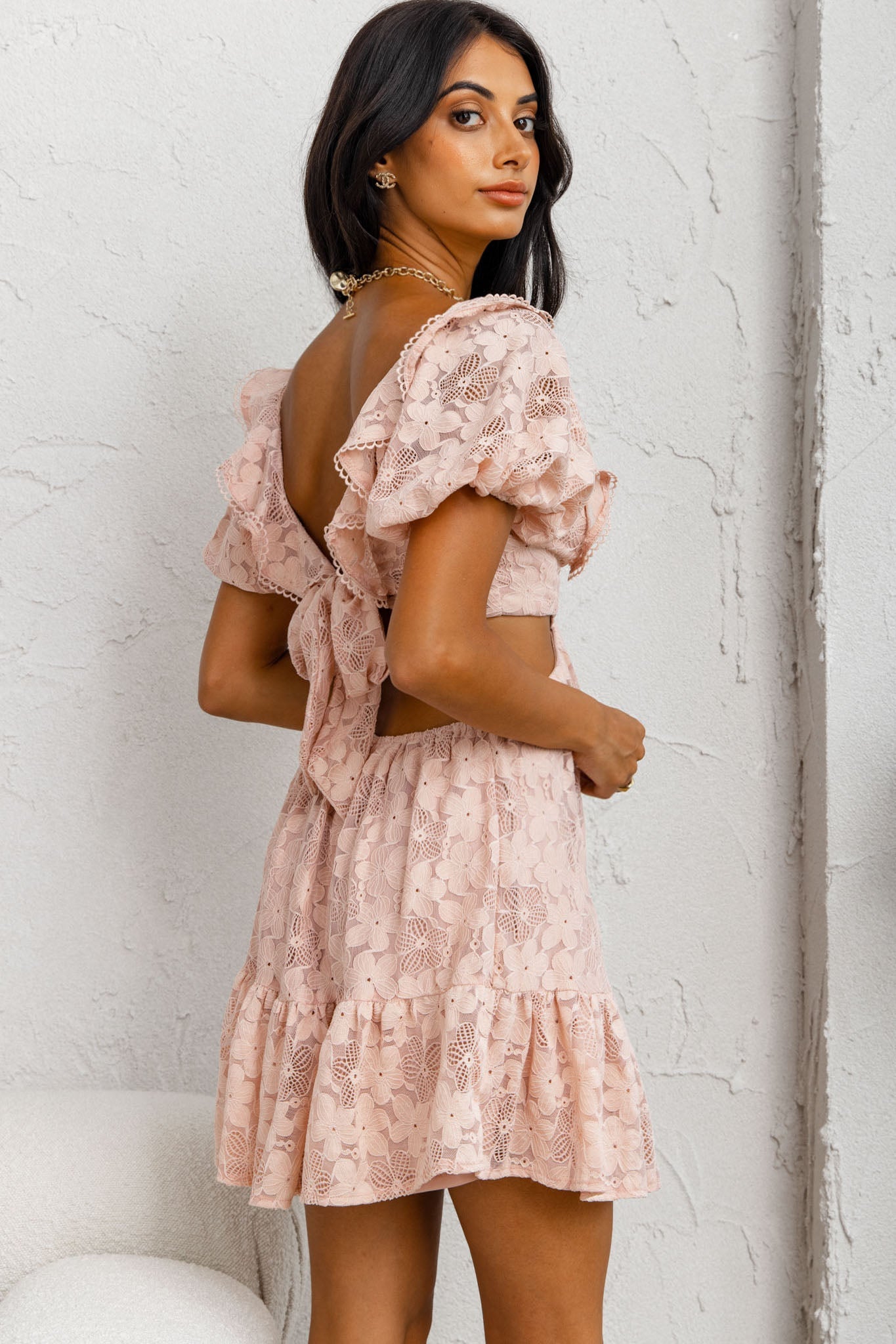 Sweet Life Cut-Out Waist Lace Dress Peach by Selfie Leslie