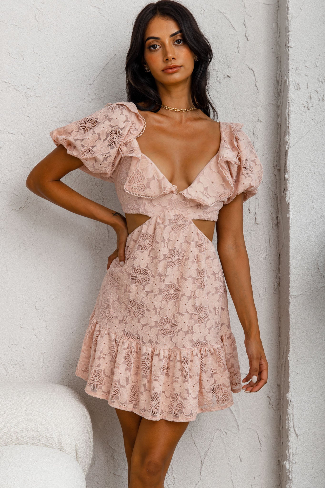 Sweet Life Cut-Out Waist Lace Dress Peach by Selfie Leslie